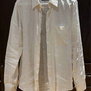 Theory Men's Cream Long-Sleeve Linen Button-Down Shirt